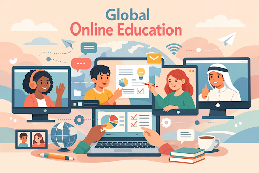 Students interacting through global online education platforms