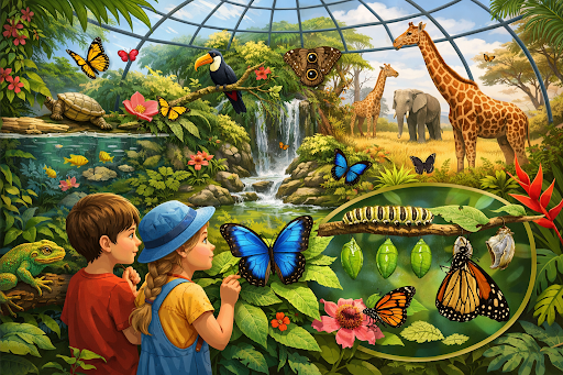 Students exploring butterflies and biodiversity in a conservatory