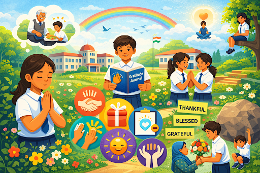 Students practicing gratitude and positive thinking on campus