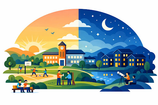 School campus life from day to night with academics and activities
