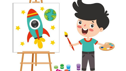 a kid painting a spaceship on a canvas