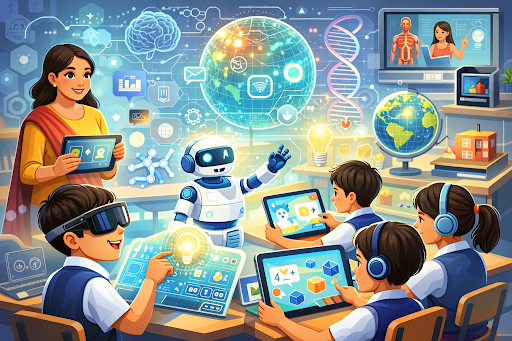 Young students learning through interactive smart classroom technology