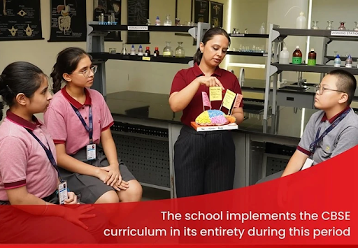 Teacher explaining concepts to students in a science laboratory
