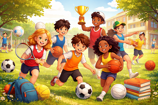 Students playing sports and celebrating teamwork on a school playground