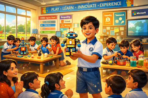 Students building robots in a hands-on STEM classroom
