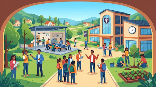 Boarding school campus with students engaged in diverse collaborative activities