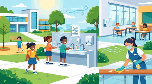 Students practicing hygiene and cleanliness in a safe school environment