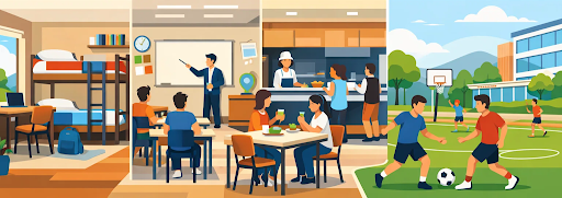 Students following a structured routine of study, meals, and sports