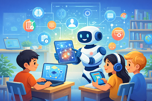 Students learning AI concepts with a robot in classroom