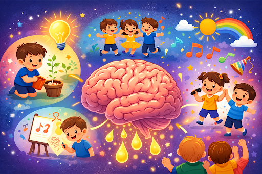 Children around a brain showing memory formation