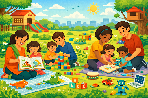 Parents and children participating in early learning activities together