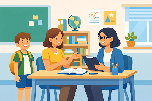 Parent and teacher discussing a child’s progress