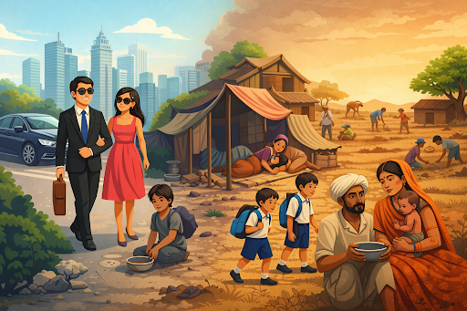 Urban affluence and Rural poverty highlighting social inequality