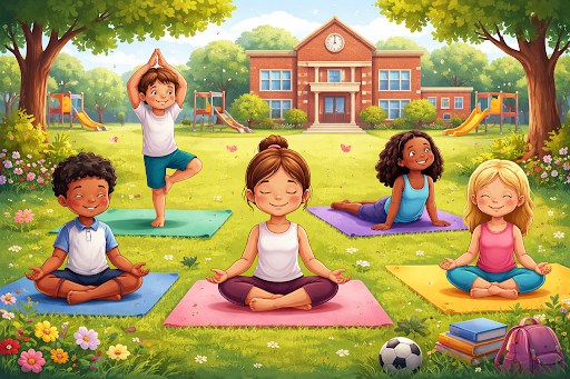 Students practicing yoga outdoors for fitness and mindfulness