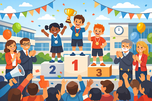 Students celebrating achievement and success in competition