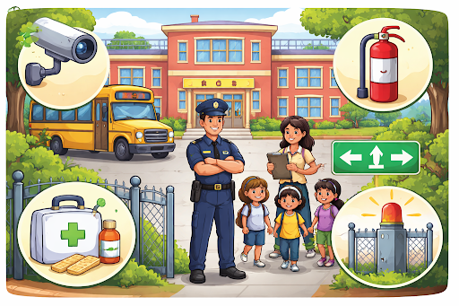 School safety elements including cameras, first aid and emergency systems