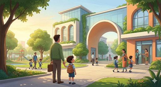 Parent dropping child at a welcoming, modern school campus