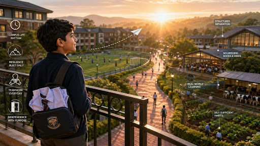 Student overlooking campus, growing toward independence and confidence