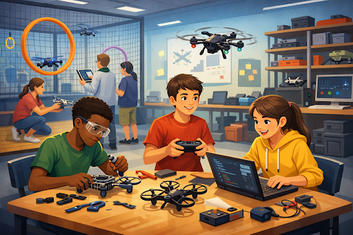 Students building and flying drones in a classroom drone lab