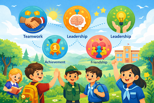 Children learning teamwork, leadership and friendship in a structured youth program