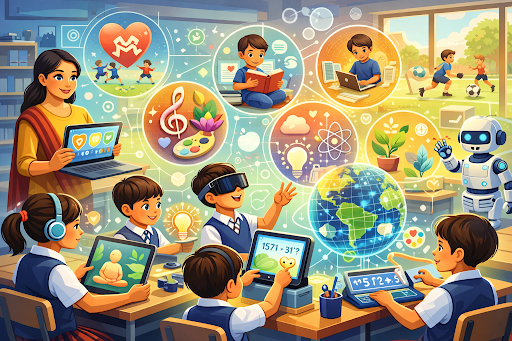 Students using smart technology for holistic learning and development