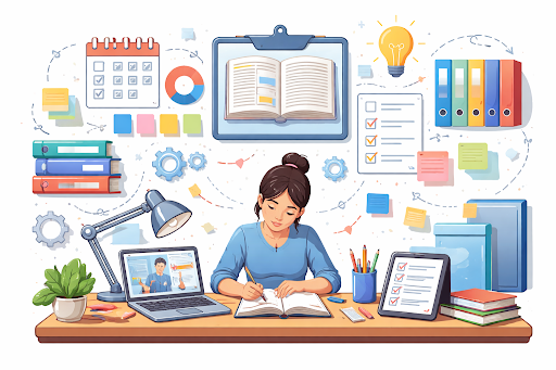 Student studying with organized notes and digital learning tools
