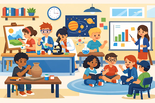 Students learning through hands-on and collaborative activities