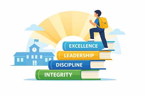 Student rising through values toward excellence