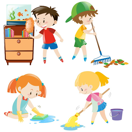 Children learning responsibility and life skills through everyday chores
