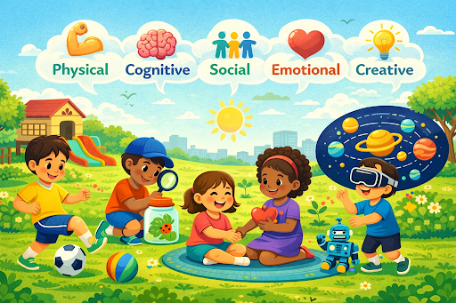 Children developing physical, cognitive, social, emotional, and creative skills
