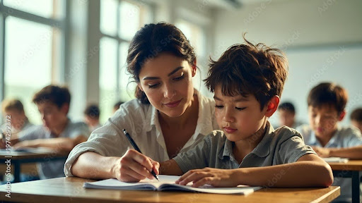 Teacher providing personalized guidance and academic support to a young student