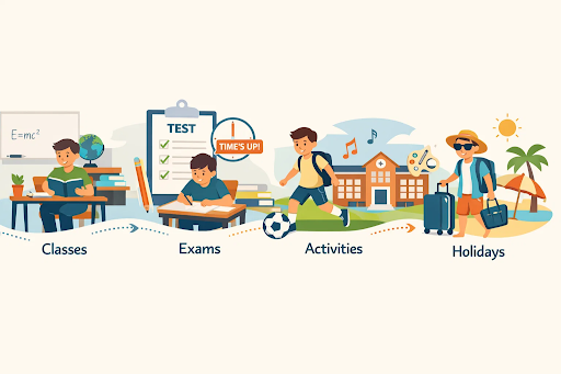 Academic calendar covering classes, exams, activities and holidays