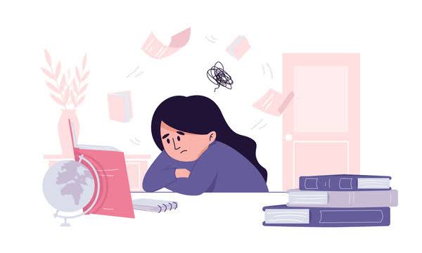 A girl studying with a lot of stress