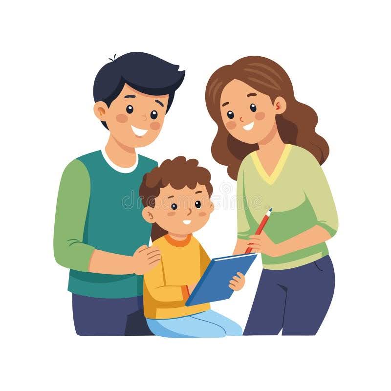 father and mother helping their girl in studying.