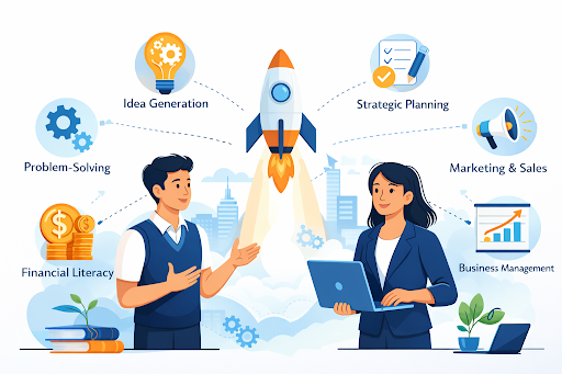 Students developing key entrepreneurship skills like planning and problem-solving