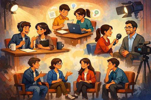 Students hosting and participating in an interactive school talk show discussion