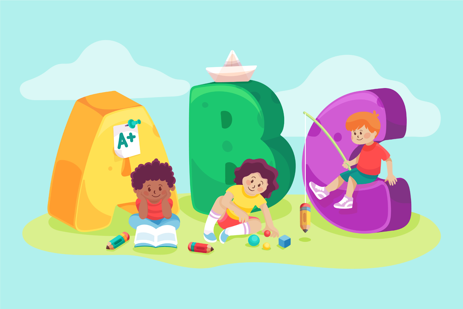 students sitting on A,B,C, shaped benches and doing different activities.