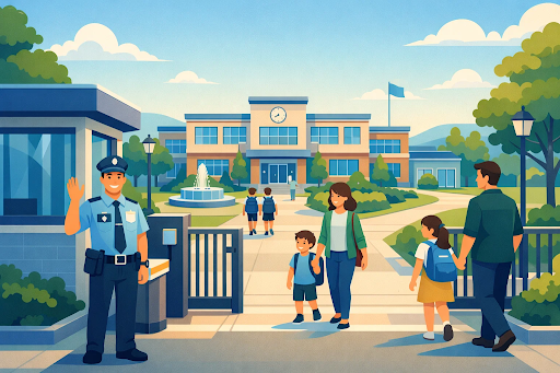Safe school environment with staff welcoming students and parents