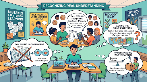 Students demonstrating real understanding through discussion and application