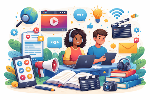Students learning media and communication skills