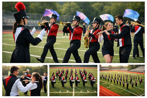 Synchronized marching band performance