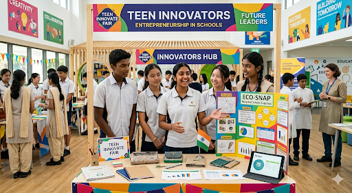 Students presenting innovative projects at a school entrepreneurship fair