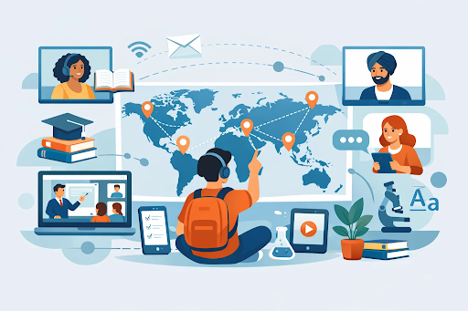 Student engaged in global online learning and virtual classrooms