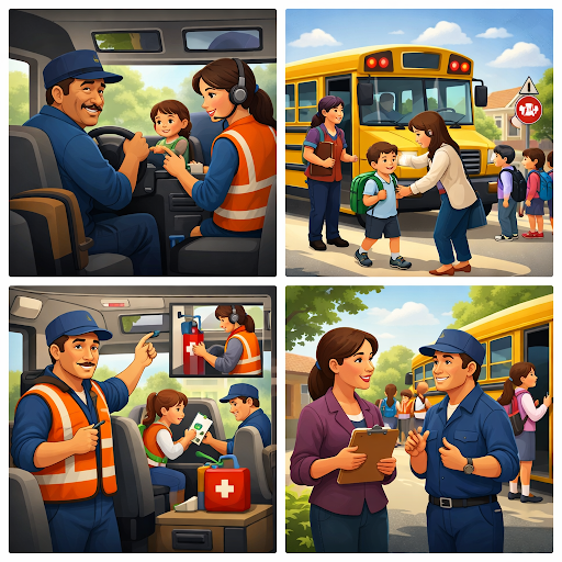 School transport staff ensuring student safety