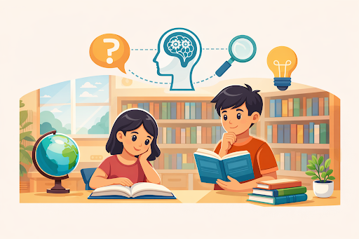 Students reading and developing critical thinking skills in a library setting