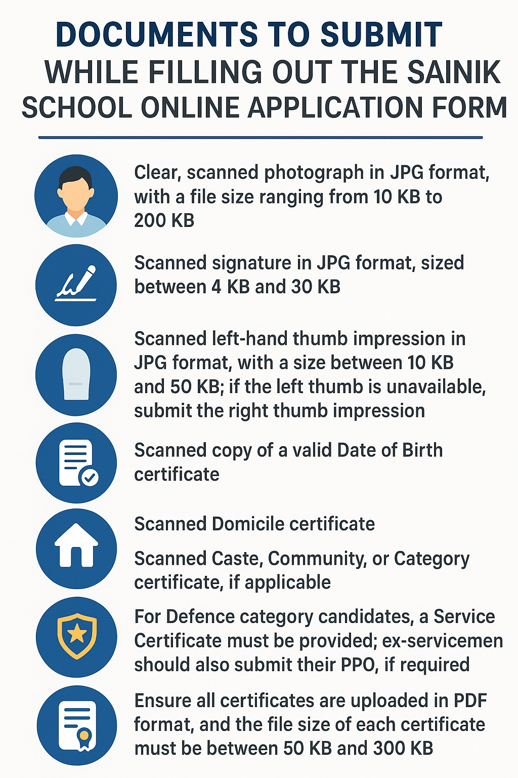 infographic of documents required to submit while filling out the Sainik School online application form