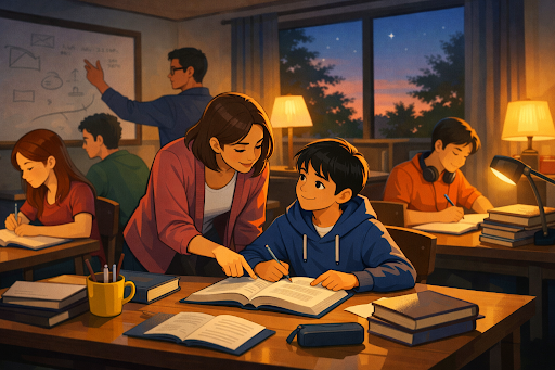 Evening study session with teacher support