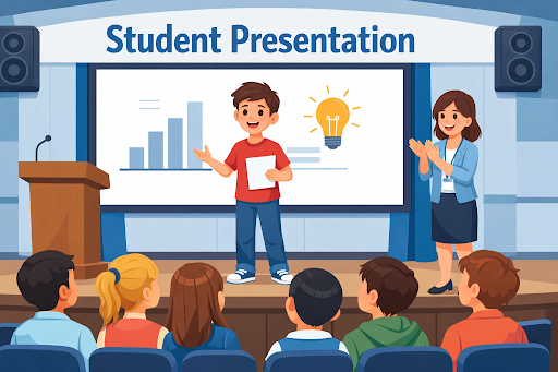 Student presenting ideas confidently in a classroom setting