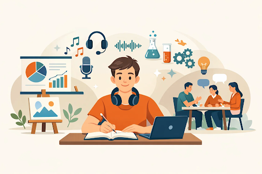 Student using multiple learning methods for skill based education