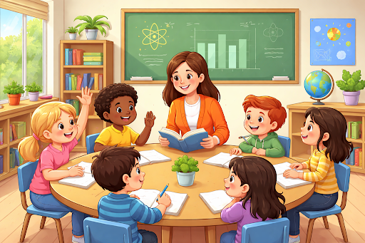 Teacher guiding a small group of students in an interactive discussion